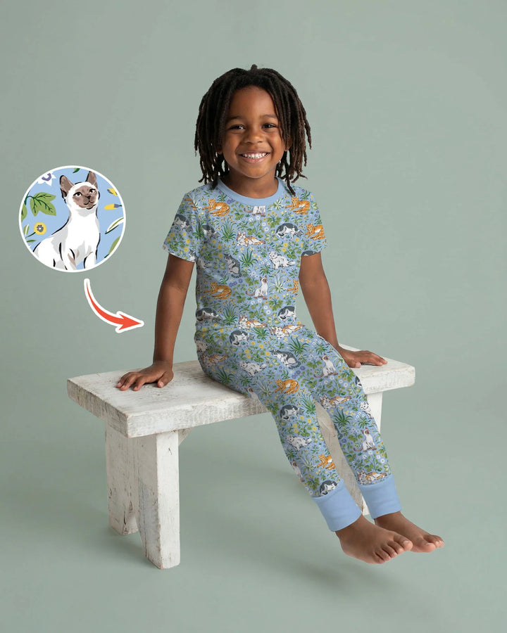 Conjunto de pijama de dos piezas de bambú de manga corta a juego para la familia Kitten Garden
