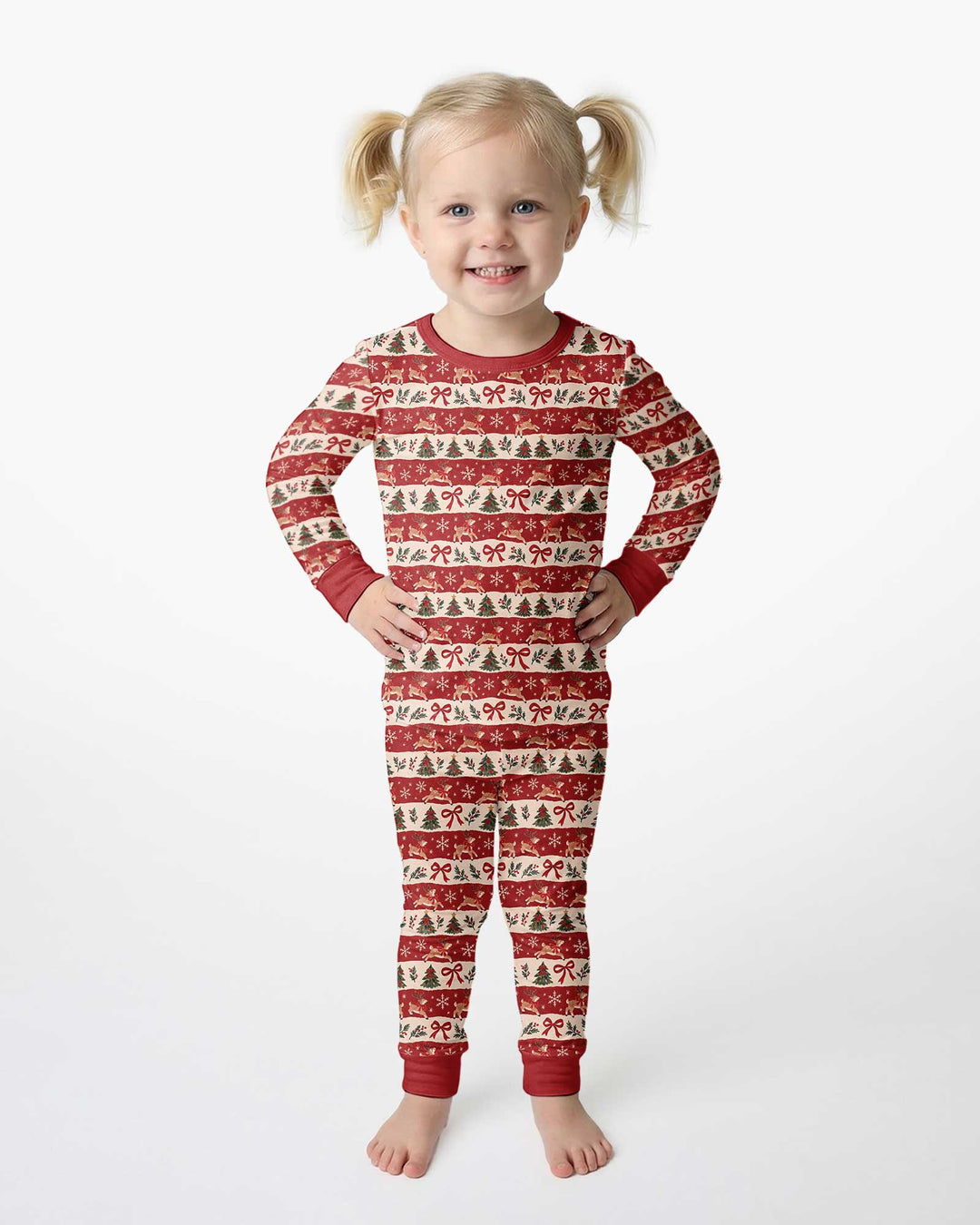 Vintage Reindeer Christmas Stripes Bamboo Two Piece Long Sleeve Pajama Set