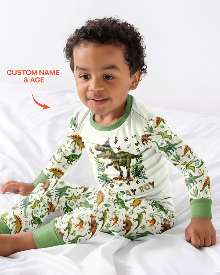 Dinosaur Birthday Boy Bamboo Two Piece Long Sleeve Pajama Set