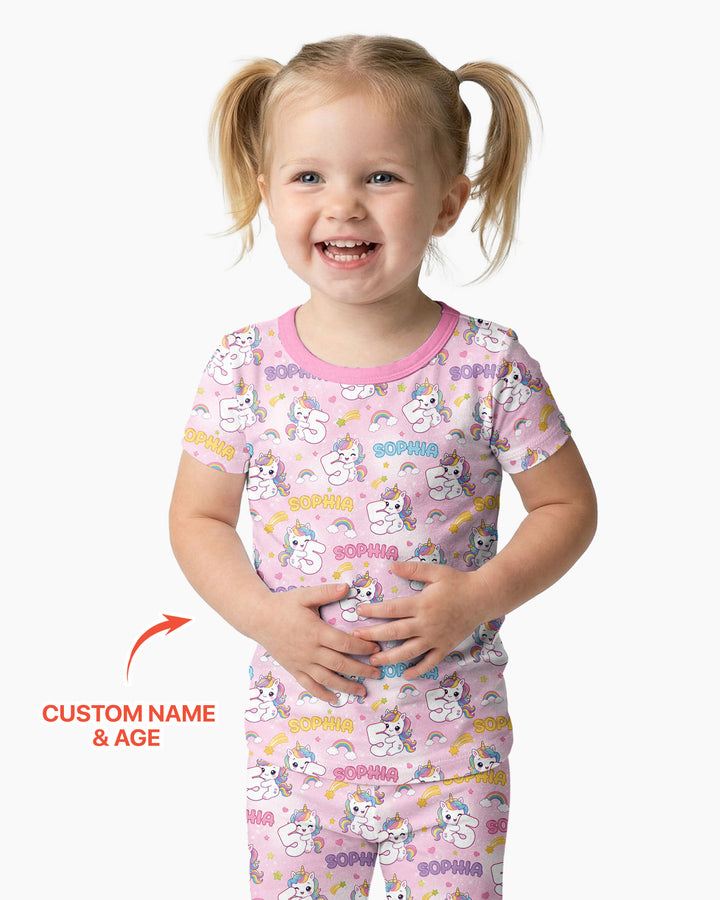 Custom Name Kawaii Unicorn Birthday Bamboo Two Piece Short Sleeve Pajama Set