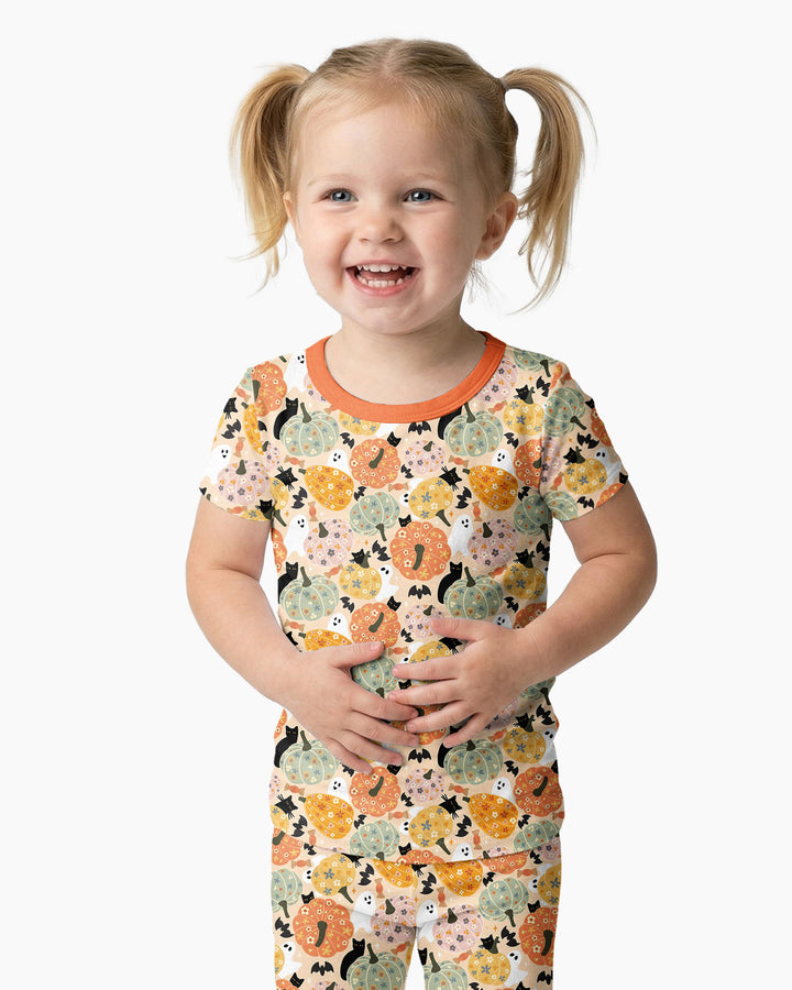 Floral Pumpkin Ghost Halloween Bamboo Two Piece Short Sleeve Pajama Set