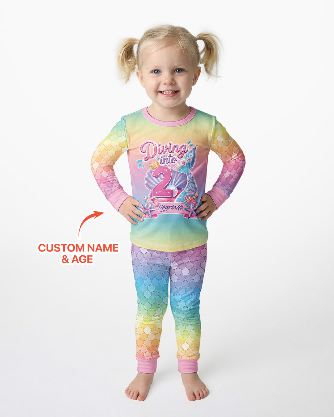 Mermaid Birthday Custom Name & Age Bamboo Two Piece Long Sleeve Pajama Set