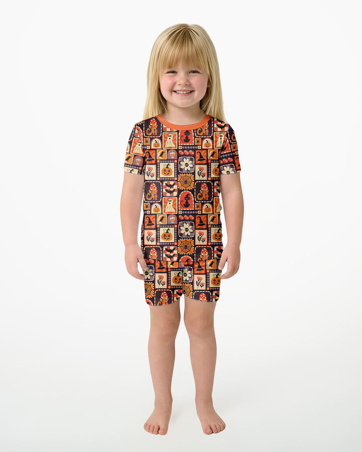 Retro Halloween Patchwork Icons Bamboo Two Piece Short Sleeve Shorts Pajama Set