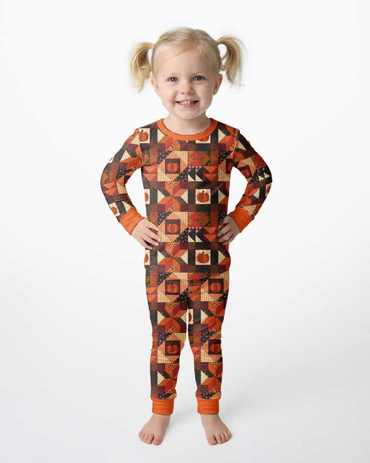Vintage Pumpkin Patchwork Fall Bamboo Two Piece Long Sleeve Pajama Set