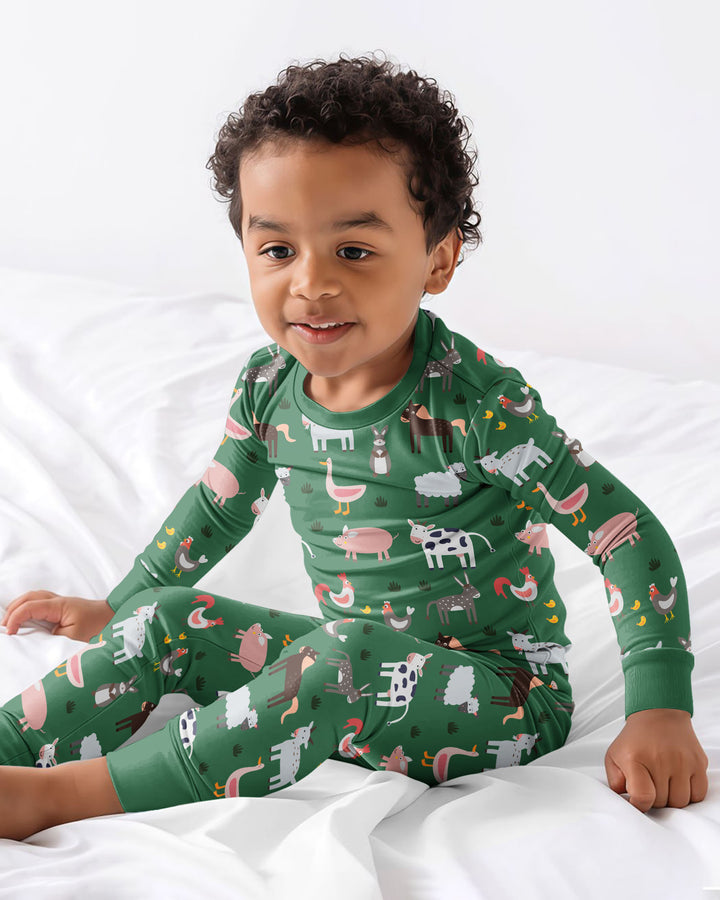 Green Farm Animals Bamboo Two Piece Pajama Set