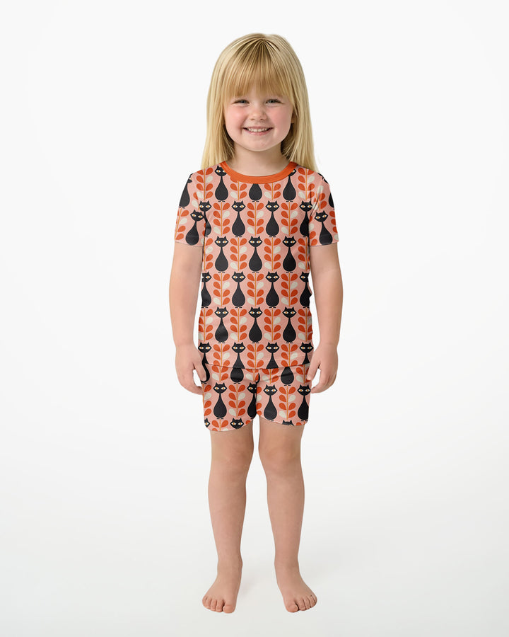 Retro Black Cat Garden Bamboo Two Piece Short Sleeve Shorts Pajama Set