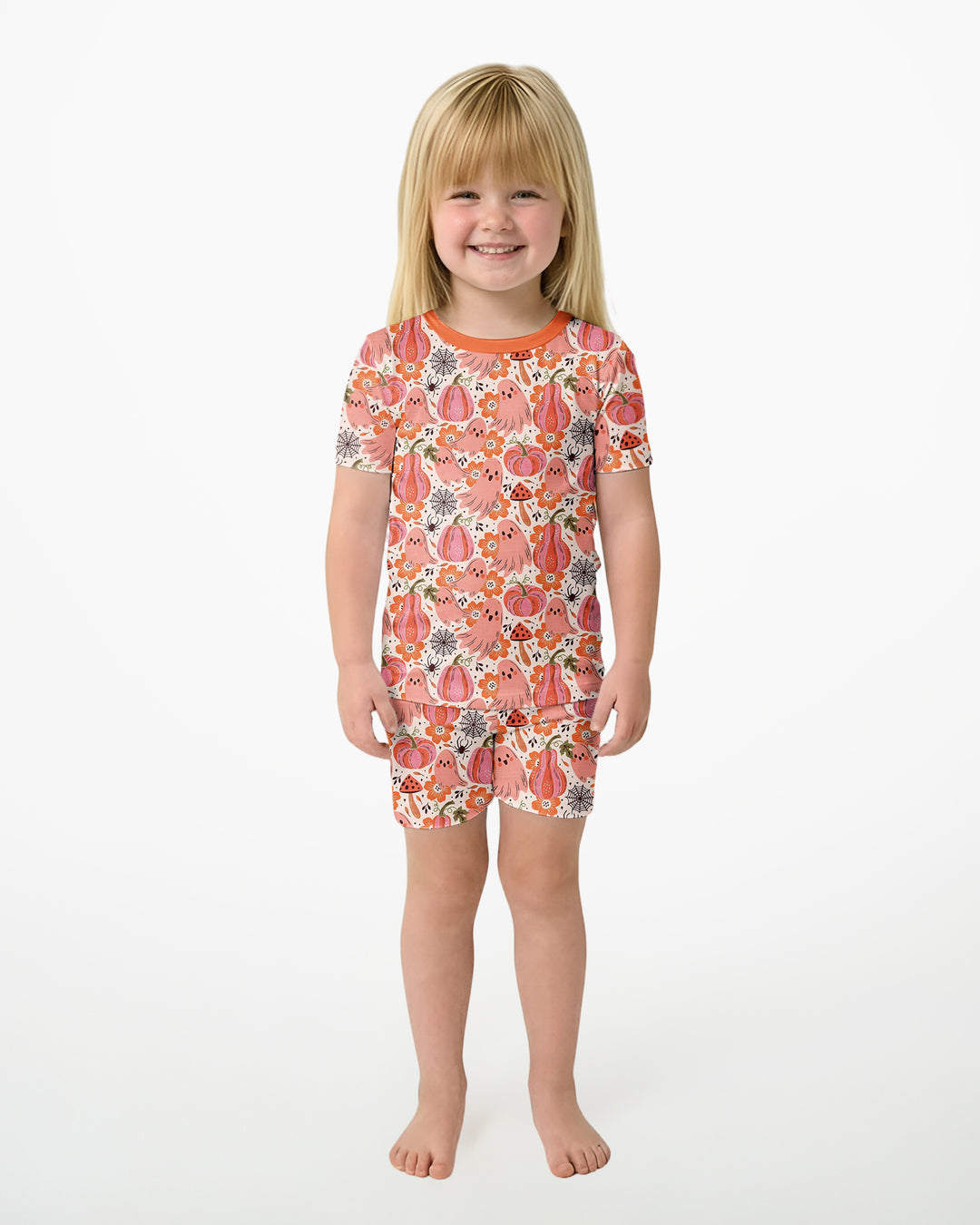Pink Ghost Pumpkin Fall Floral Halloween Bamboo Two Piece Short Sleeve Shorts Pajama Set