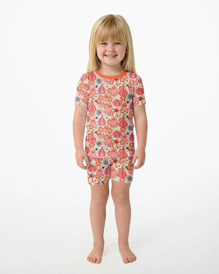 Pink Ghost Pumpkin Fall Floral Halloween Bamboo Two Piece Short Sleeve Shorts Pajama Set