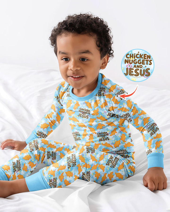 Chicken Nuggets and Jesus Family Matching Bamboo Two Piece Long Sleeve Pajama Set