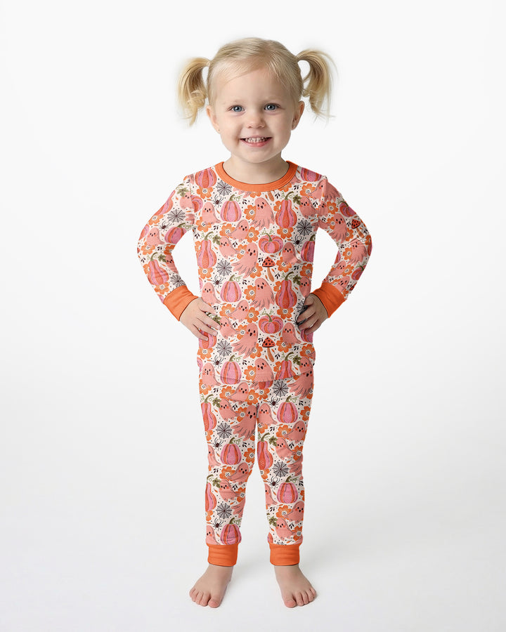 Pink Ghost Pumpkin Fall Floral Halloween Bamboo Two Piece Long Sleeve Pajama Set