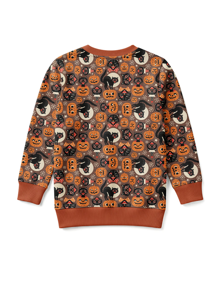 Vintage Halloween Black Cat Pumpkin Bamboo Crewneck Sweatshirt