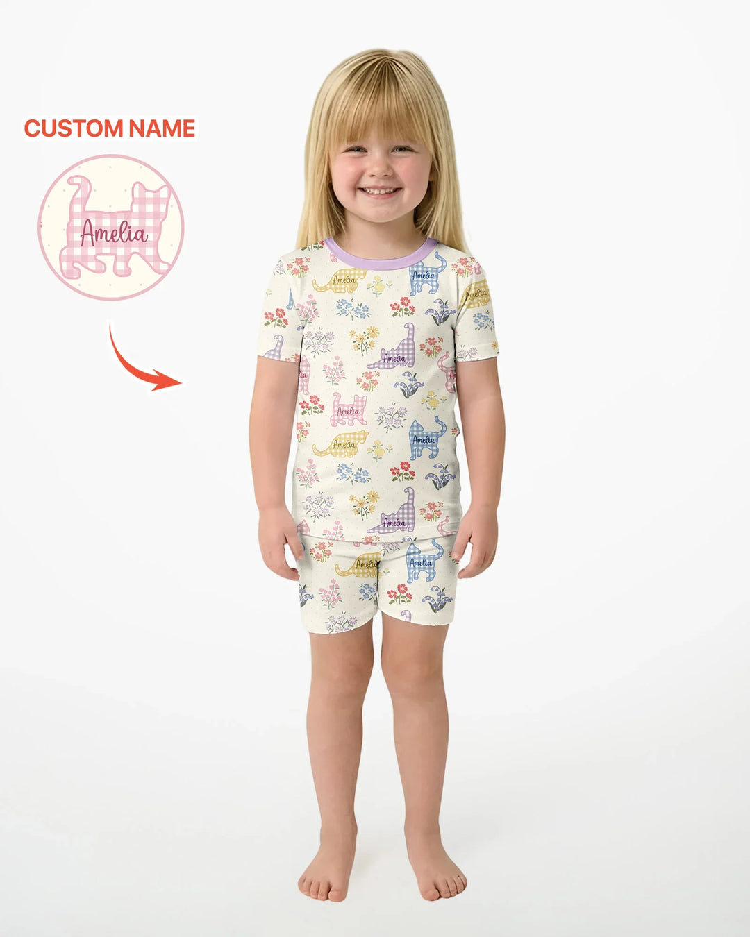 Gingham Cats Custom Name Bamboo Two Piece Short Sleeve Shorts Pajama Set