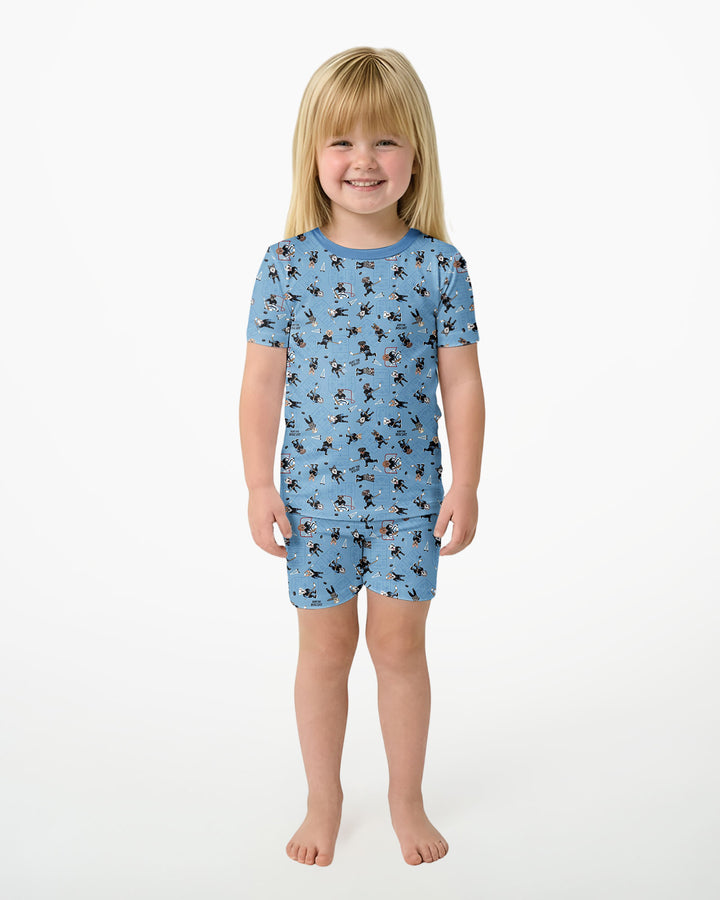 Hockey Dogs - Blue and Black Bamboo Two Piece Short Sleeve Shorts Pajama Set