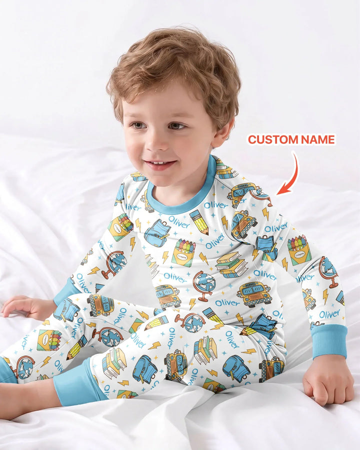 Custom Name Back To School Bamboo Two Piece Long Sleeve Pajama Set