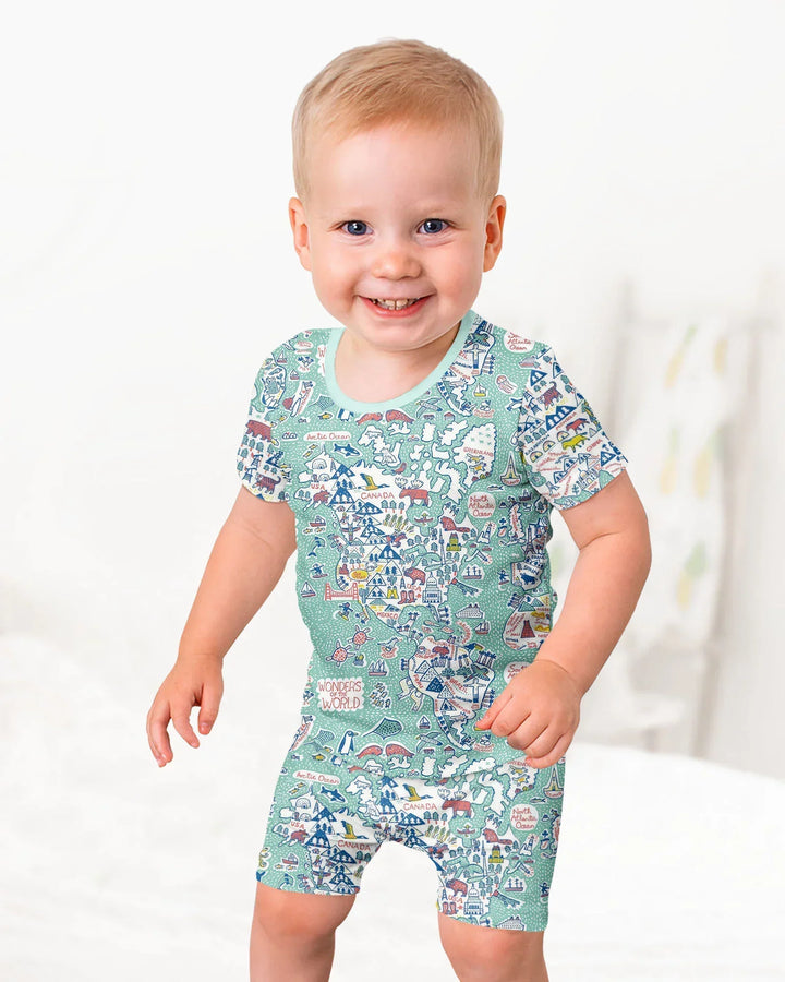 Hello World Wonders Bamboo Two Piece Short Sleeve Shorts Pajama Set