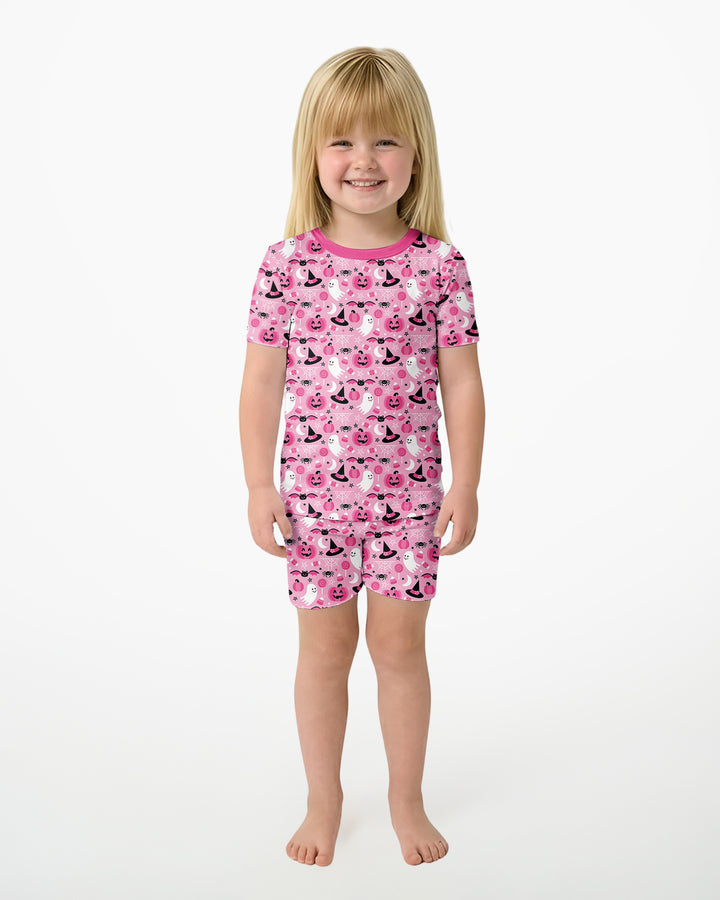 Cute Pink Halloween Ghost Pumpkin Witch Bamboo Two Piece Short Sleeve Shorts Pajama Set