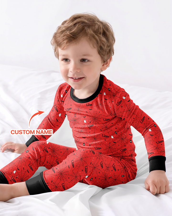 Spooky Spider Web Halloween Custom Name Bamboo Two Piece Long Sleeve Pajama Set
