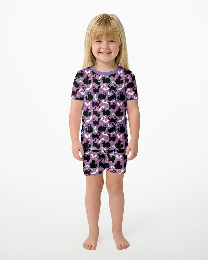 Spooky Black Cat Halloween Purple Bats Bamboo Two Piece Short Sleeve Shorts Pajama Set