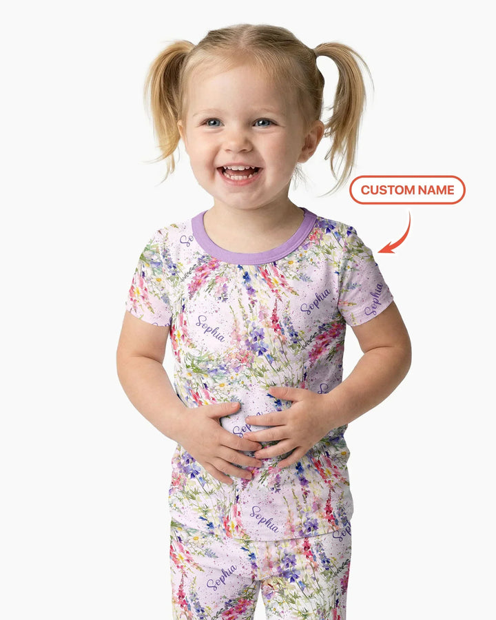 Custom Name Birth Month Flowers Bamboo Two Piece Short Sleeve Pajama Set