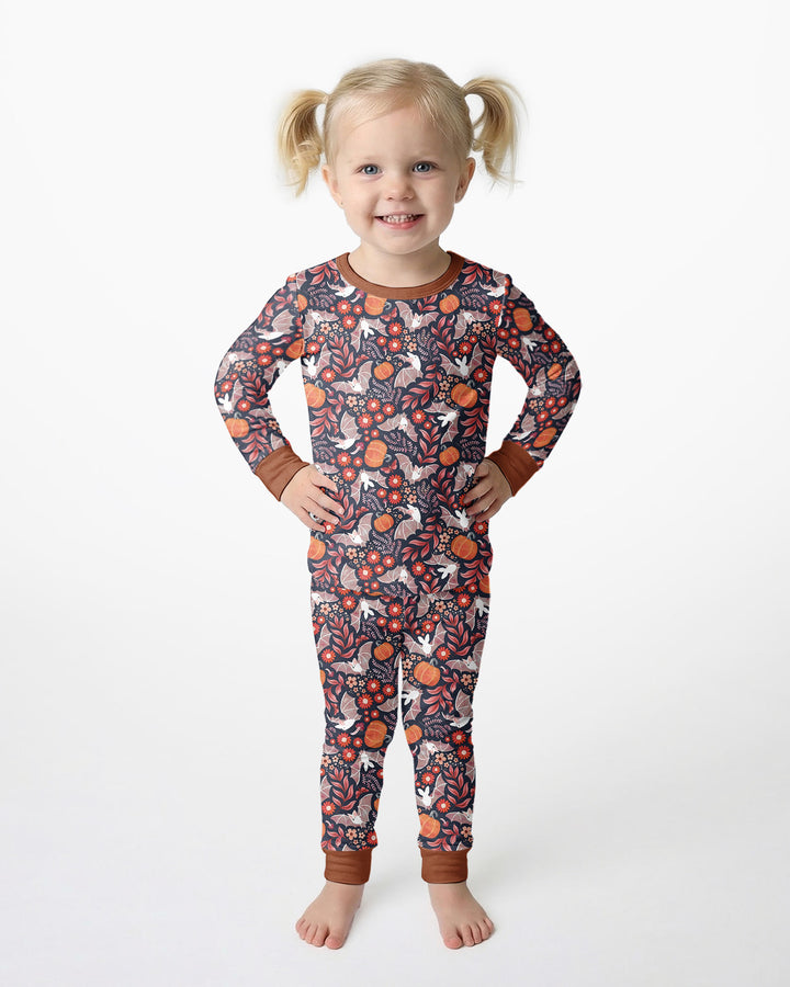 Bat Pumpkin Floral Halloween Bamboo Two Piece Long Sleeve Pajama Set