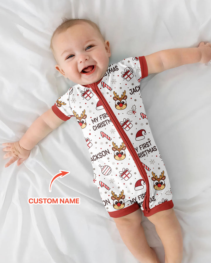 Custom Name Reindeer Doodle My First Christmas Bamboo Shorty Zippy