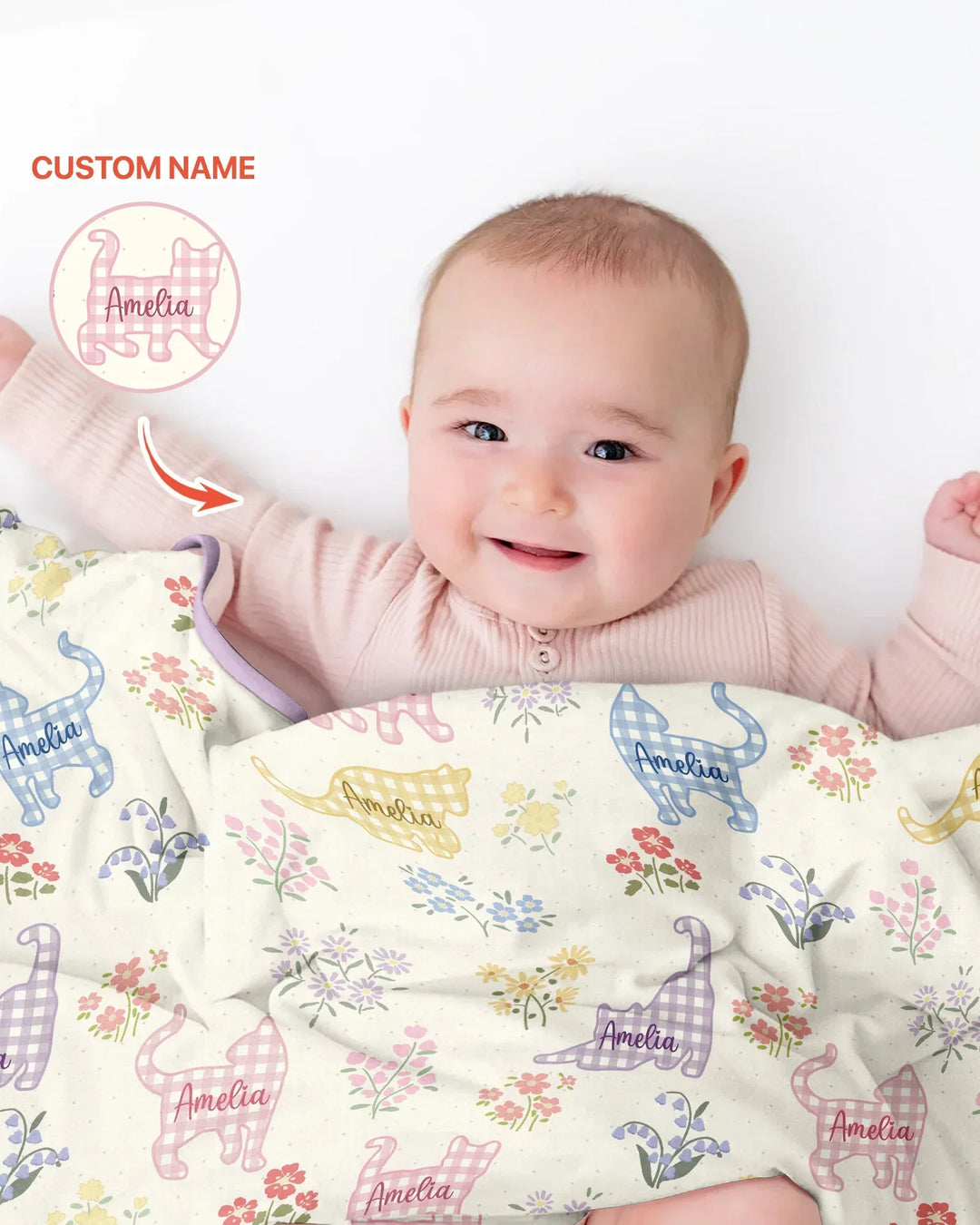 Manta de bambú Gingham Cats con nombre personalizado