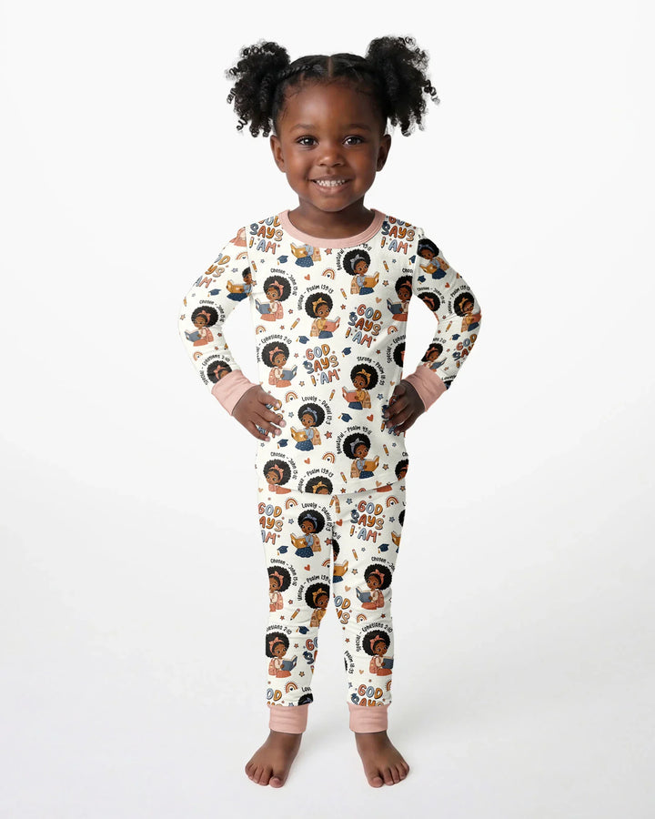 God Says I Am Cute Learning Afro Girl  Bamboo Two Piece Long Sleeve Pajama Set