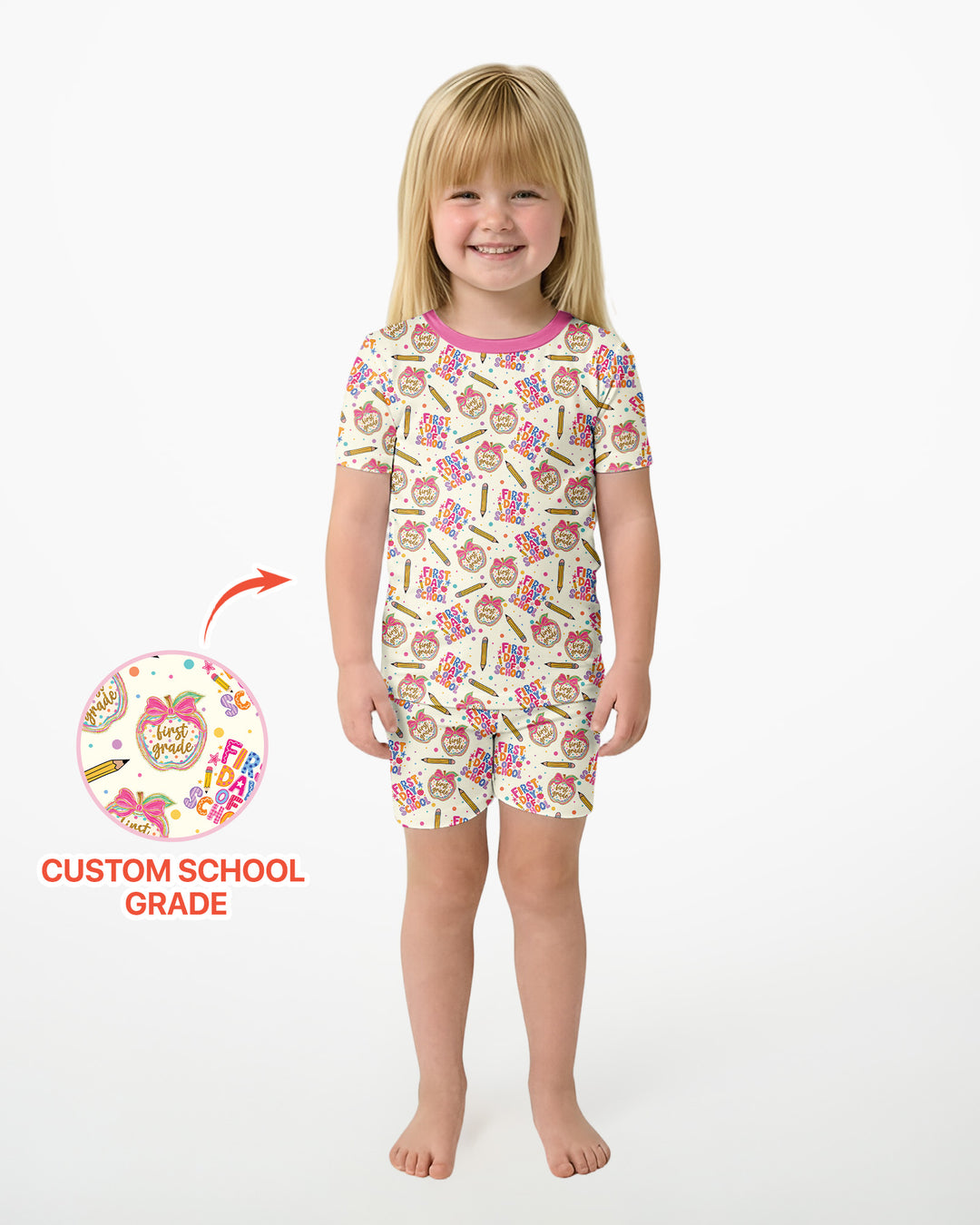 Custom School Grade First Day Cutie Bamboo Two Piece Short Sleeve Shorts Pajama Set