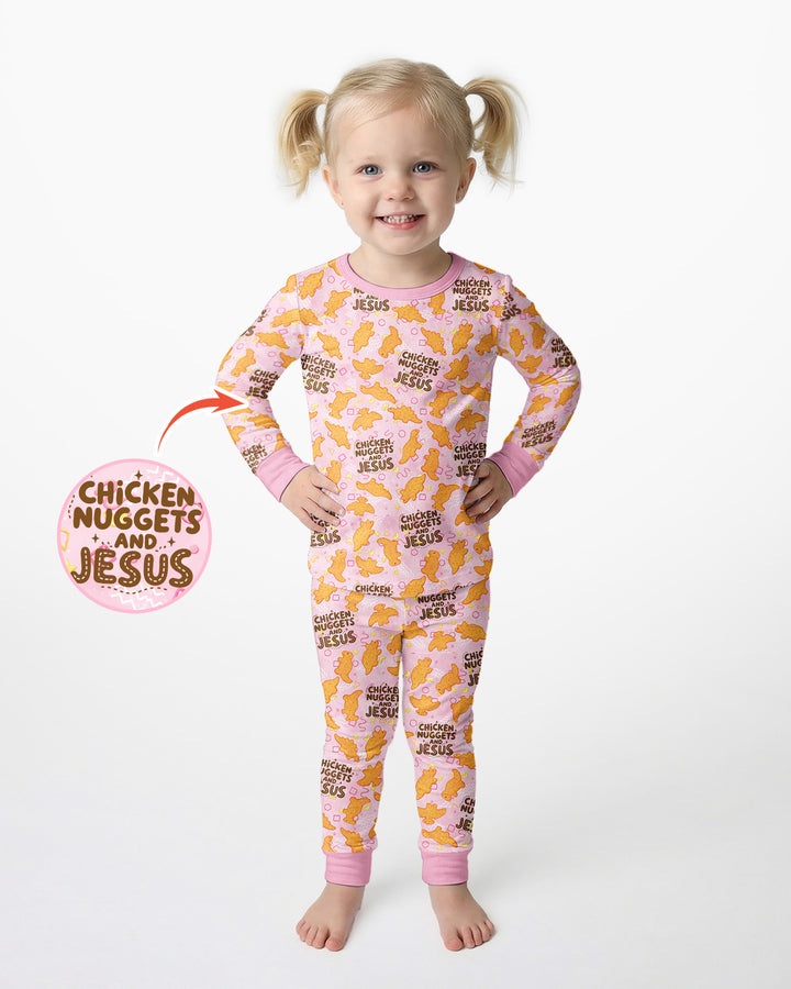 Chicken Nuggets and Jesus Family Matching Bamboo Two Piece Long Sleeve Pajama Set