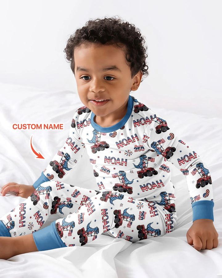 Custom Name American Flag Dinosaur Bamboo Two Piece Long Sleeve Pajama Set