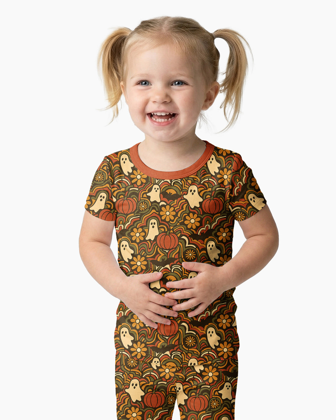 Retro Halloween Ghost Pumpkin Floral Bamboo Two Piece Short Sleeve Pajama Set