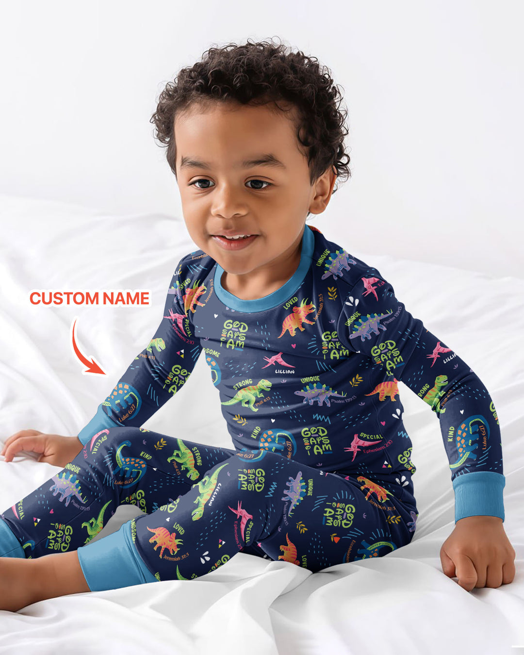 Custom Name God says I am Dinosaur Bamboo Two Piece Long Sleeve Pajama Set