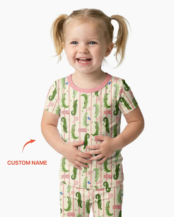 Custom Name Tennis Crocodiles Bamboo Two Piece Short Sleeve Pajama Set