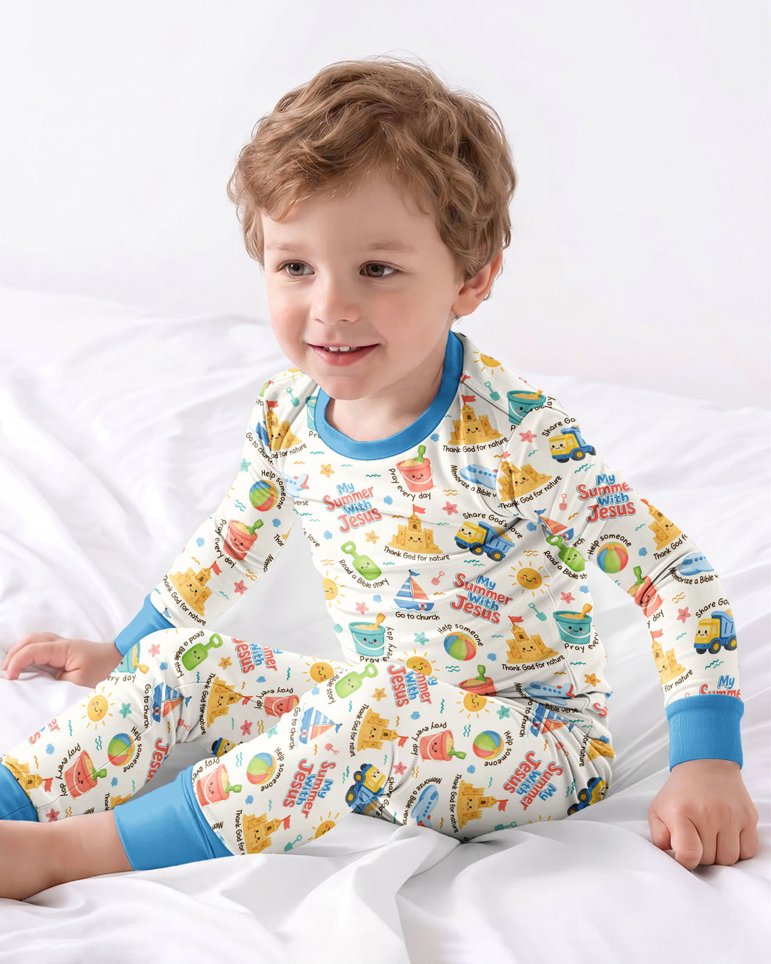 Colorful Summer Beach With Jesus Bamboo Two Piece Long Sleeve Pajama Set