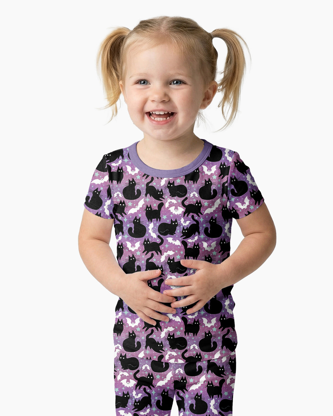 Spooky Black Cat Halloween Purple Bats Bamboo Two Piece Short Sleeve Pajama Set