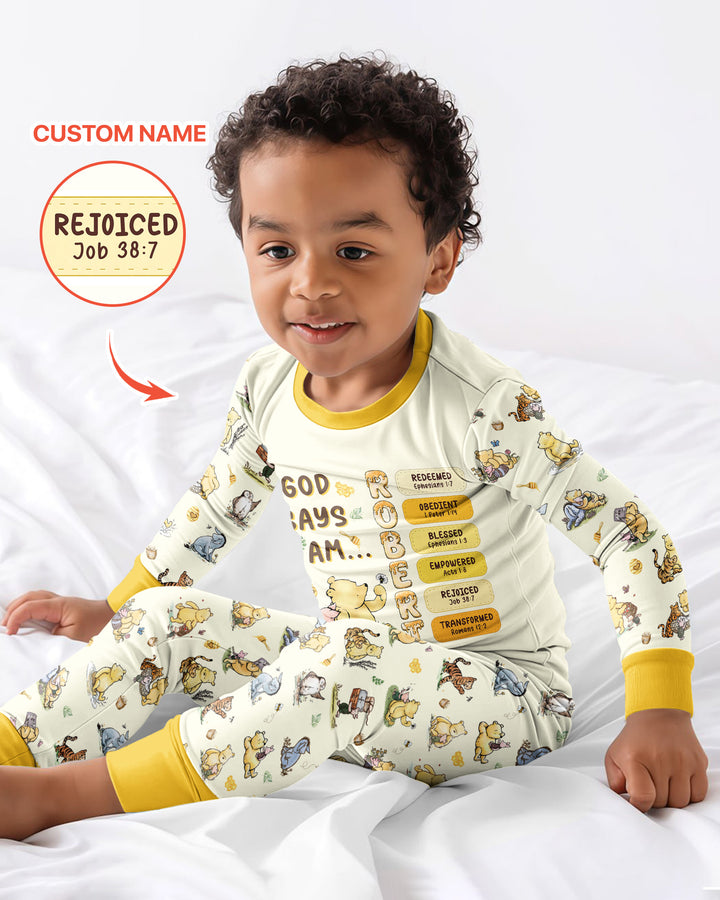 Personalized God Says I Am – Beloved Bear Bamboo Two Piece Long Sleeve Pajama Set