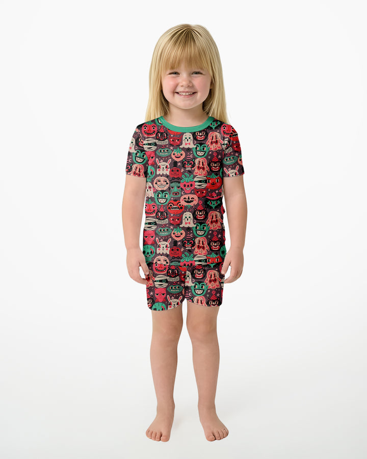 Retro Halloween Monsters Ghost Pumpkin Mummy Bamboo Two Piece Short Sleeve Shorts Pajama Set
