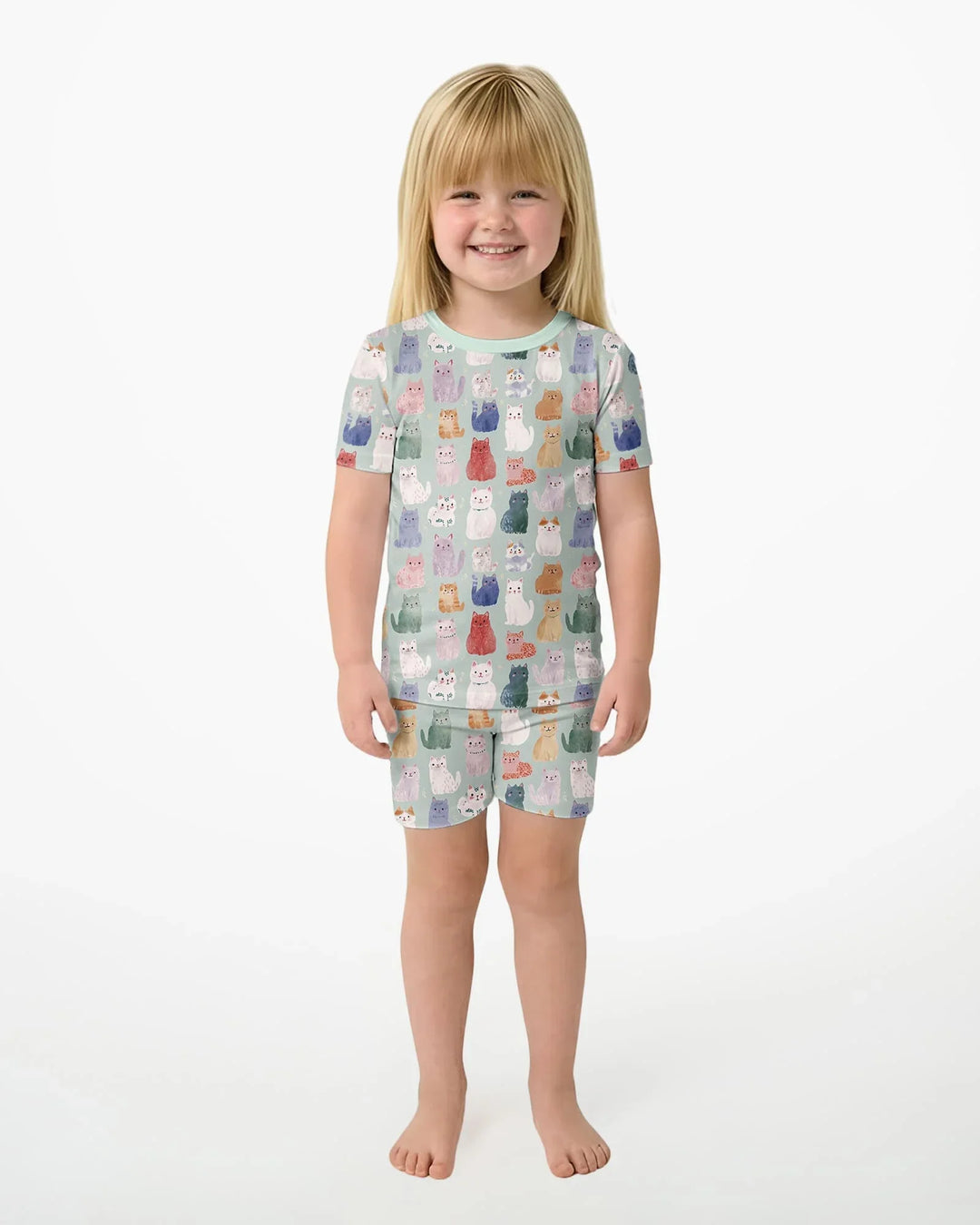 Enchanted Happy Kitty Family Matching Bamboo Two Piece Short Sleeve Shorts Pajama Set