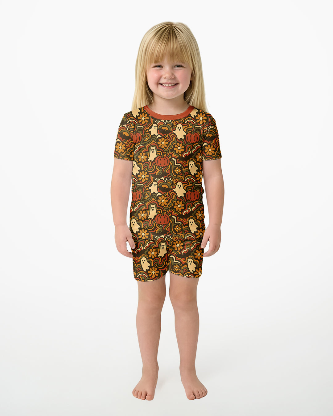 Retro Halloween Ghost Pumpkin Floral Bamboo Two Piece Short Sleeve Shorts Pajama Set