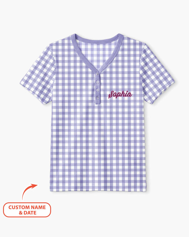 Embroidered Seersucker Bamboo Women Short Sleeve Short Pajama Set