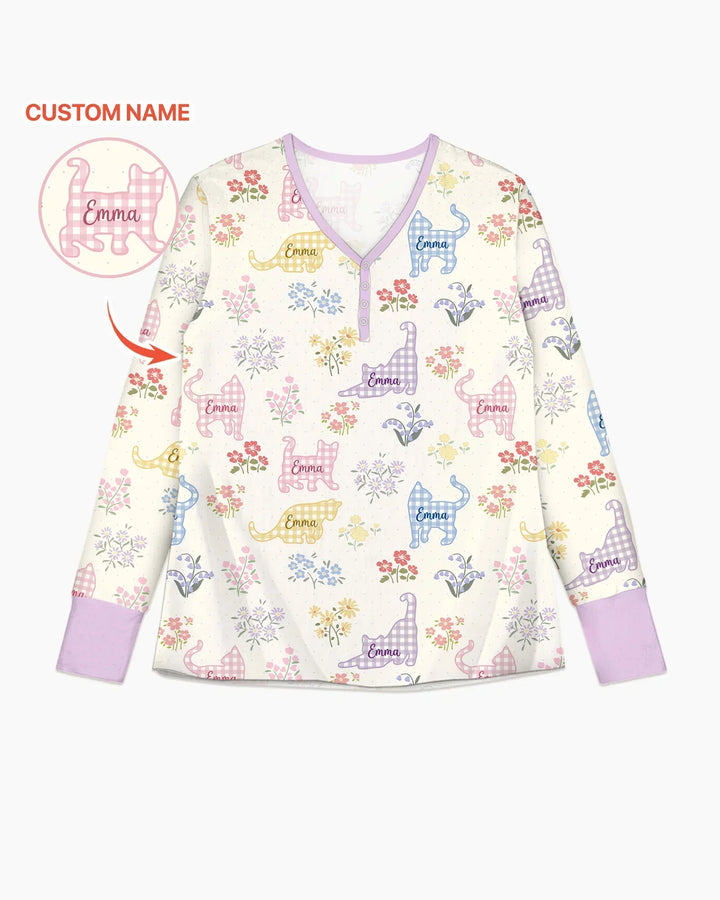Gingham Cats Custom Name Bamboo Women Pajama Set