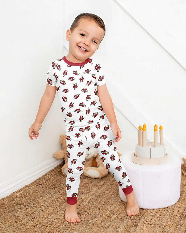 Old School Dad Hearts Daddy & Me Matching Bamboo Two Piece Short Sleeve Pajama Set