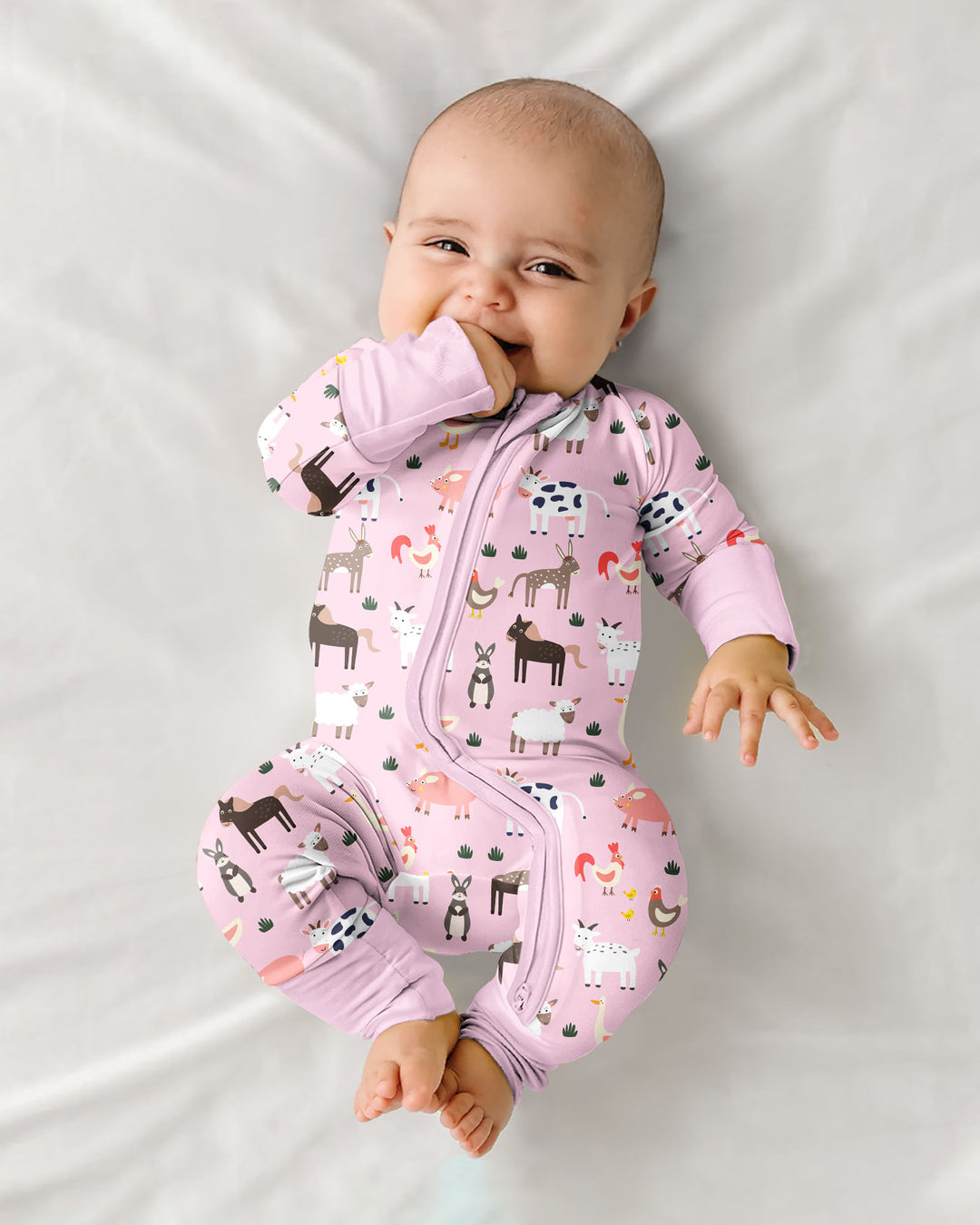 Pink Farm Animals Bamboo Convertible Zippered Romper