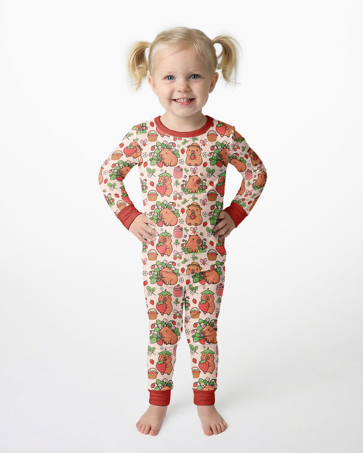 Capybara Strawberry Bamboo Two Piece Long Sleeve Pajama Set