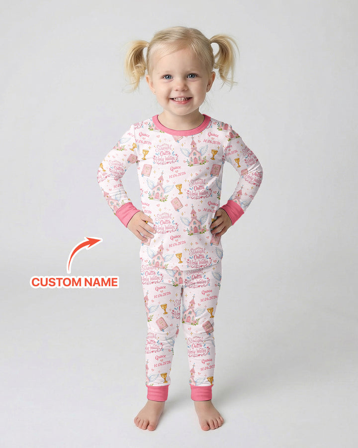 Custom Name Baptism Christening Straight Outta Holy Water Bamboo Two Piece Long Sleeve Pajama Set