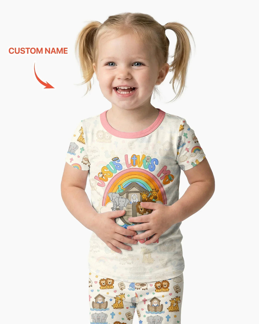 Custom Name Noah's Ark Jesus Loves Me Bamboo Two Piece Short Sleeve Pajama Set