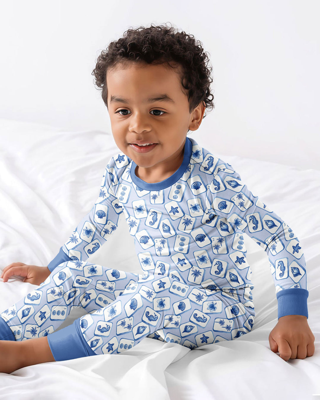 Coastal Mahjong Tiles Bamboo Two Piece Long Sleeve Pajama Set