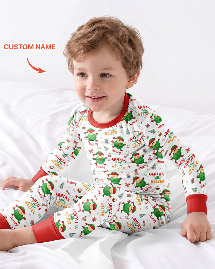 Custom Name Santa's Little Helper Bamboo Two Piece Long Sleeve Pajama Set
