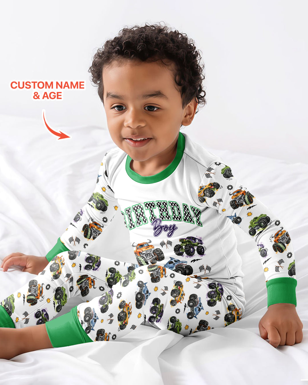Personalized Monster Truck Birthday Bamboo Two Piece Long Sleeve Pajama Set