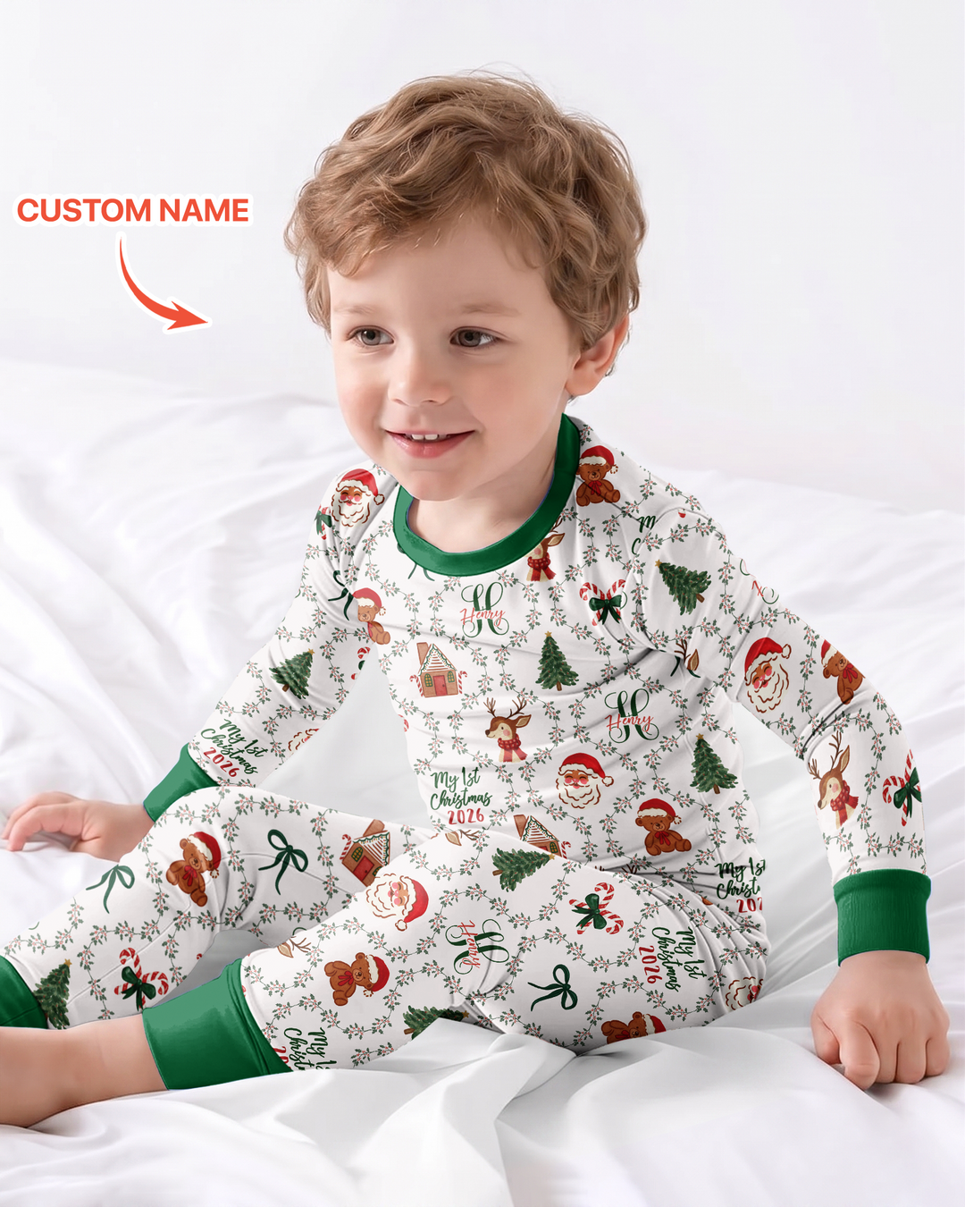 Custom name "Fancy Monogram Green Christmas 2026" Bamboo Two Piece Long Sleeve Pajama Set